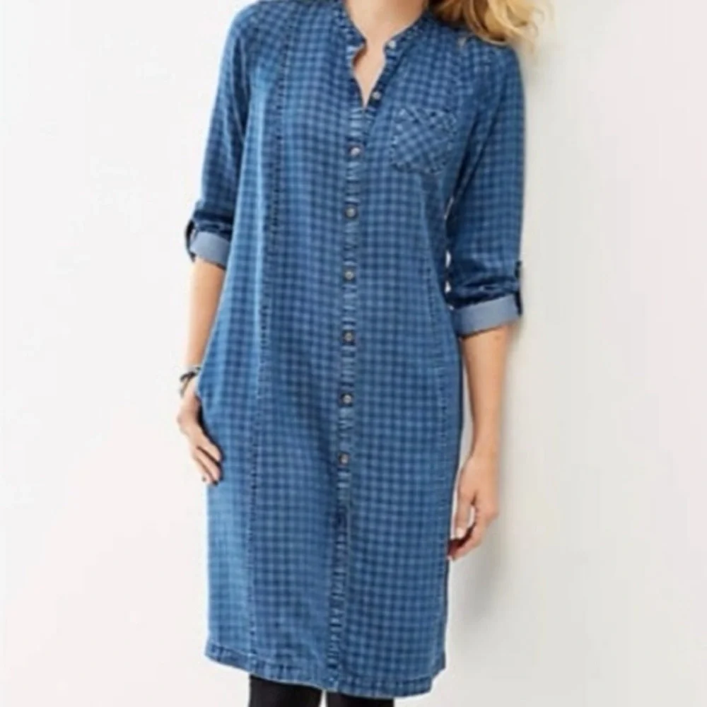 J. Jill Blue Plaid Button-Front Long Sleeve Shirt Dress size M - Picture 1 of 5